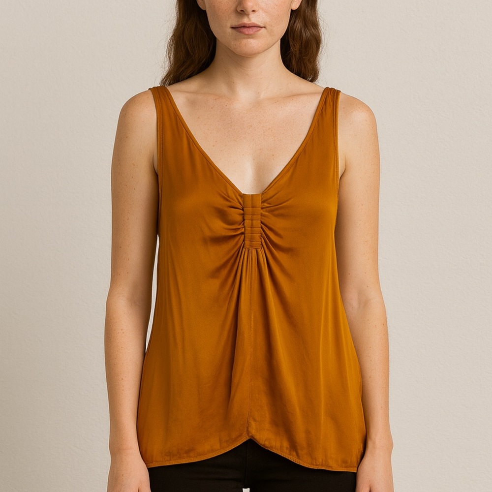 Raquel Allegra Bronze Orange Brown Satin Fall Tank Top Ruched Asymmetrical‎ 2